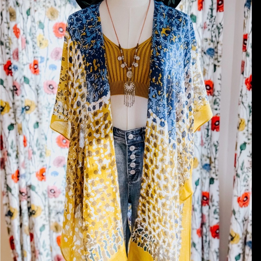 Raj Mustard and White Sheer Printed Kimono - Picture 1 of 7